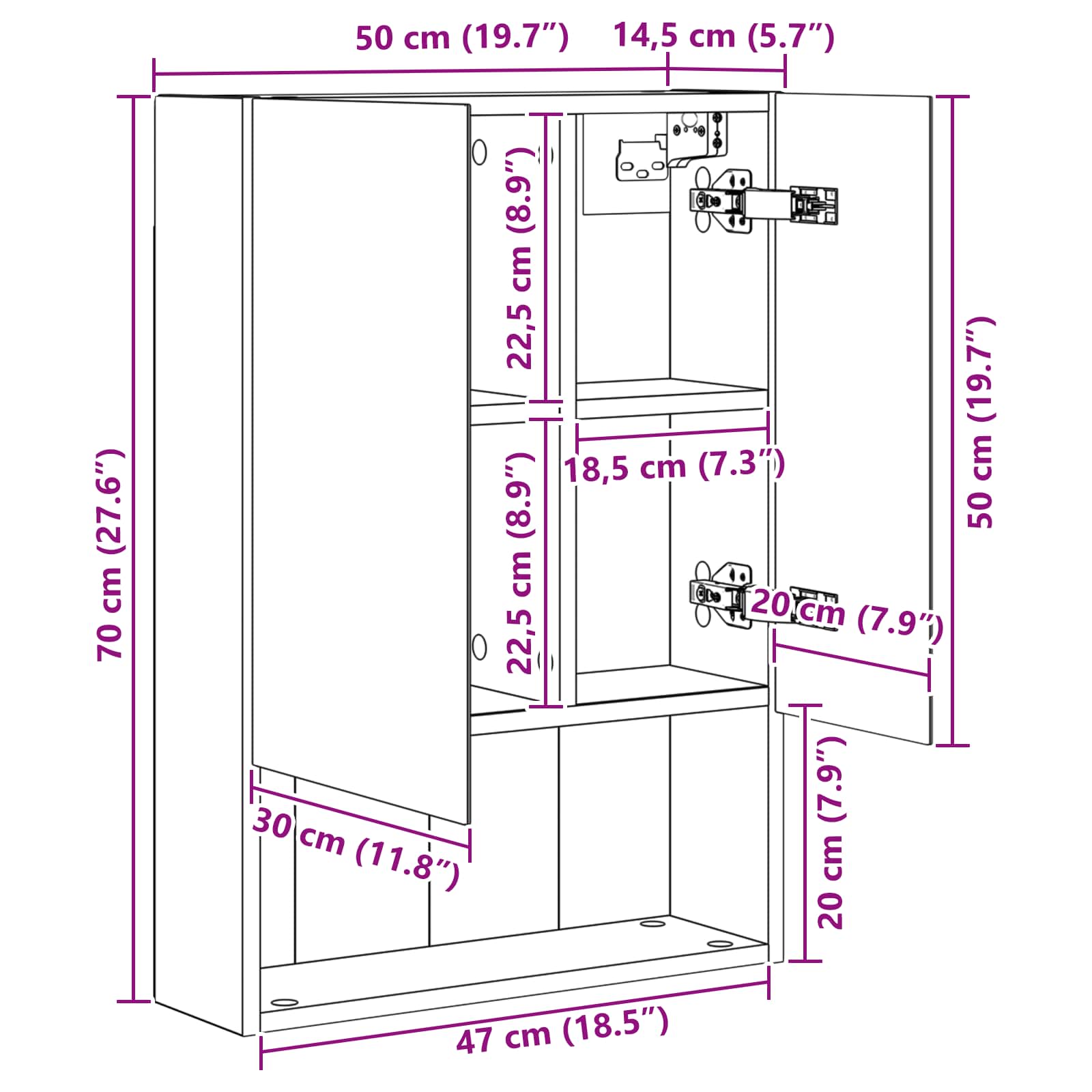 Καθρέφτης Ντουλάπα Μπάνιου Γκρίζο Σονομα 50 x 14,5 x 70 εκ - Pakobazaar