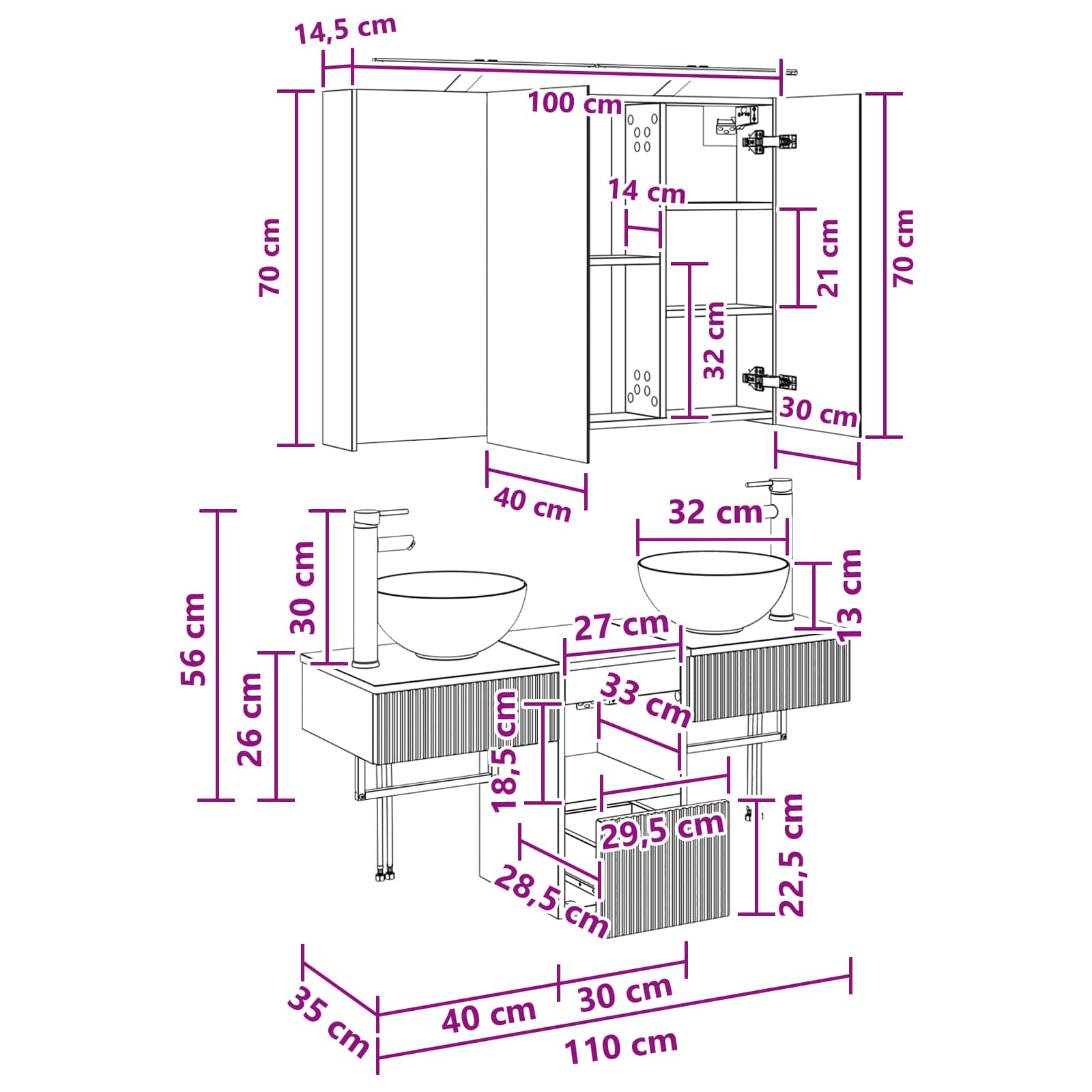 Σετ Ντουλαπιών Μπάνιου 4 pcs Γκρι Sonoma 100 x 14,5 x 70 εκ - Pakobazaar