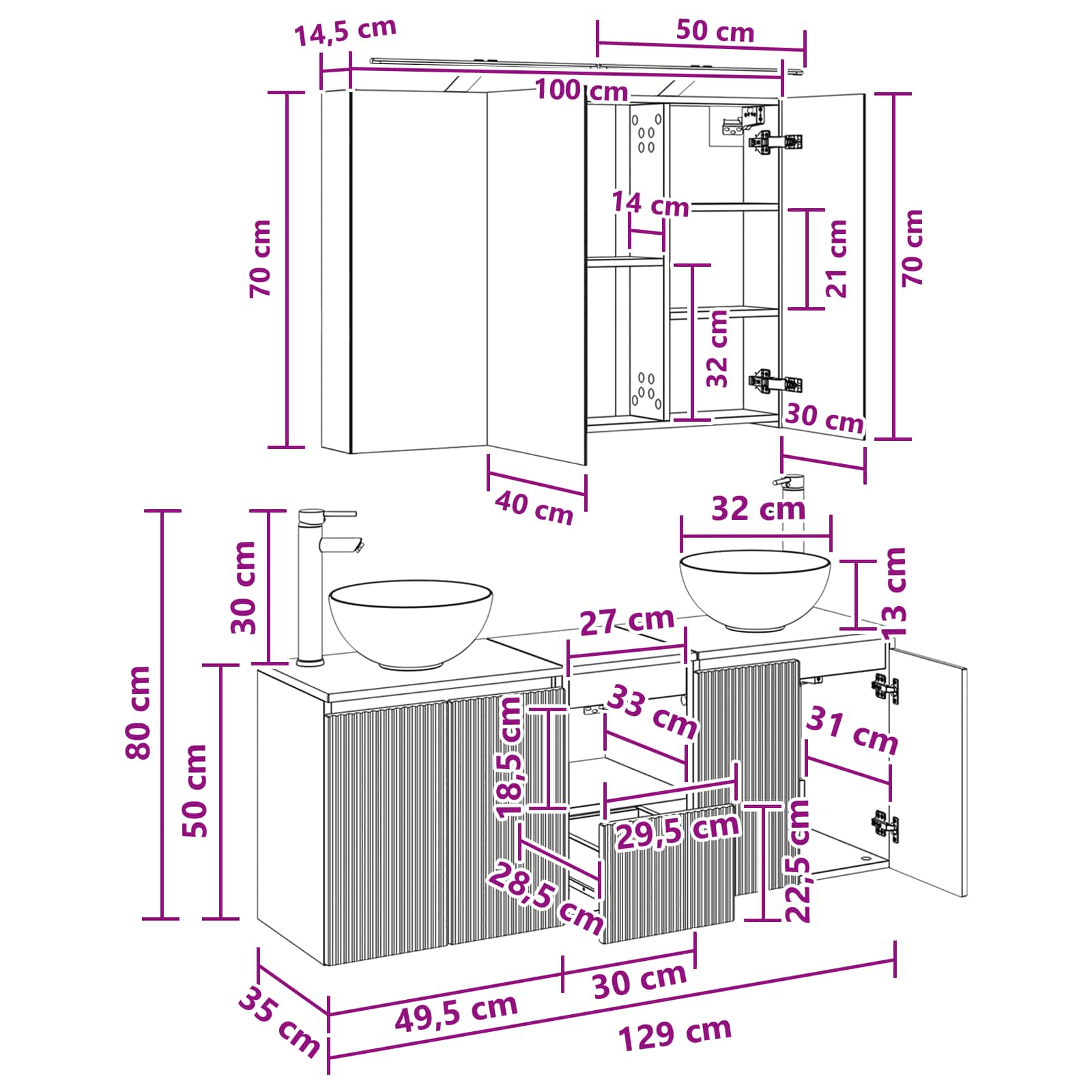 Σετ Ντουλαπιών Μπάνιου 4 pcs Παλαιωμένο ξύλο 100 x 14,5 x 70 εκ