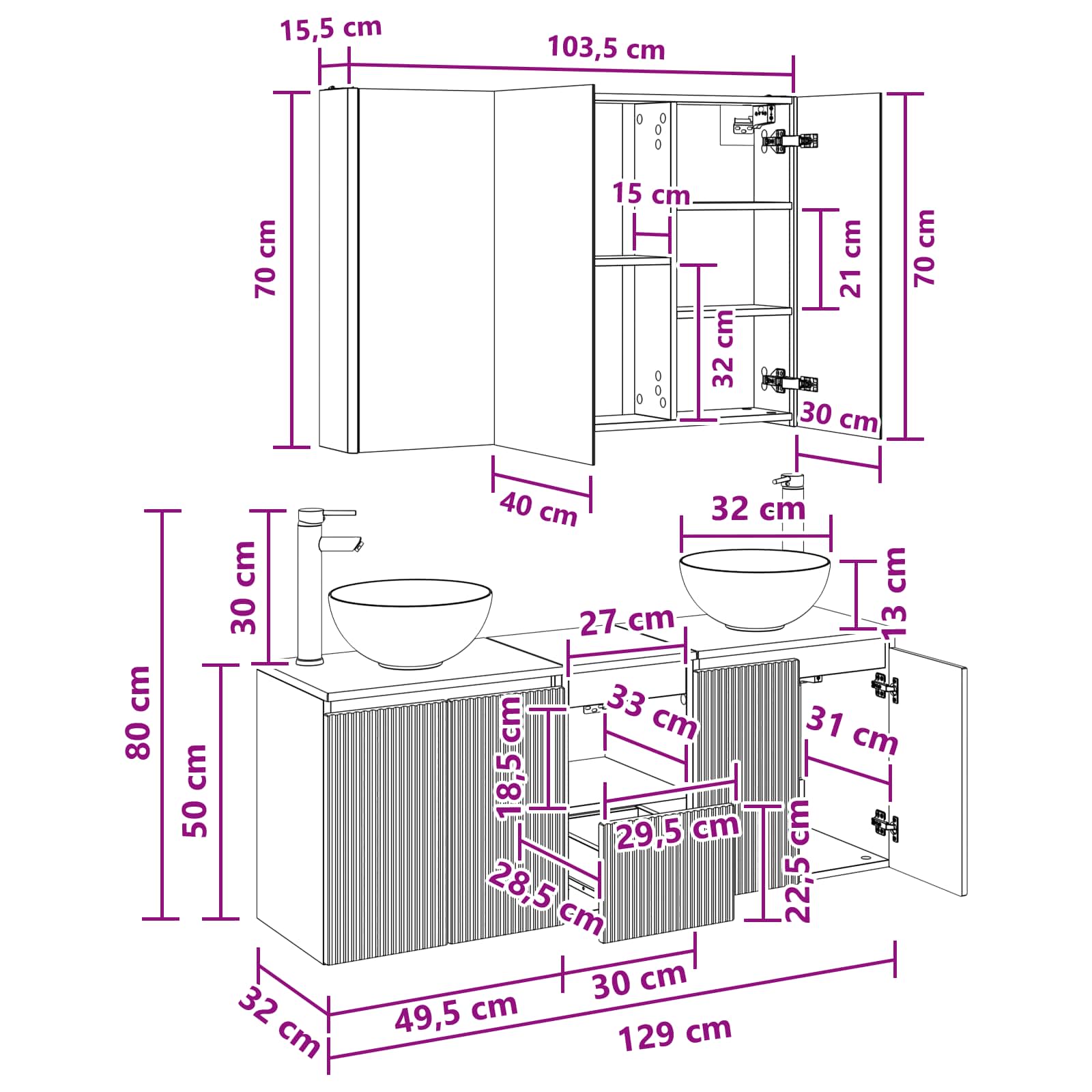Σετ Ντουλαπιών Μπάνιου 4 pcs Γκρι Sonoma 103,5 x 15,5 x 70 εκ. - Pakobazaar