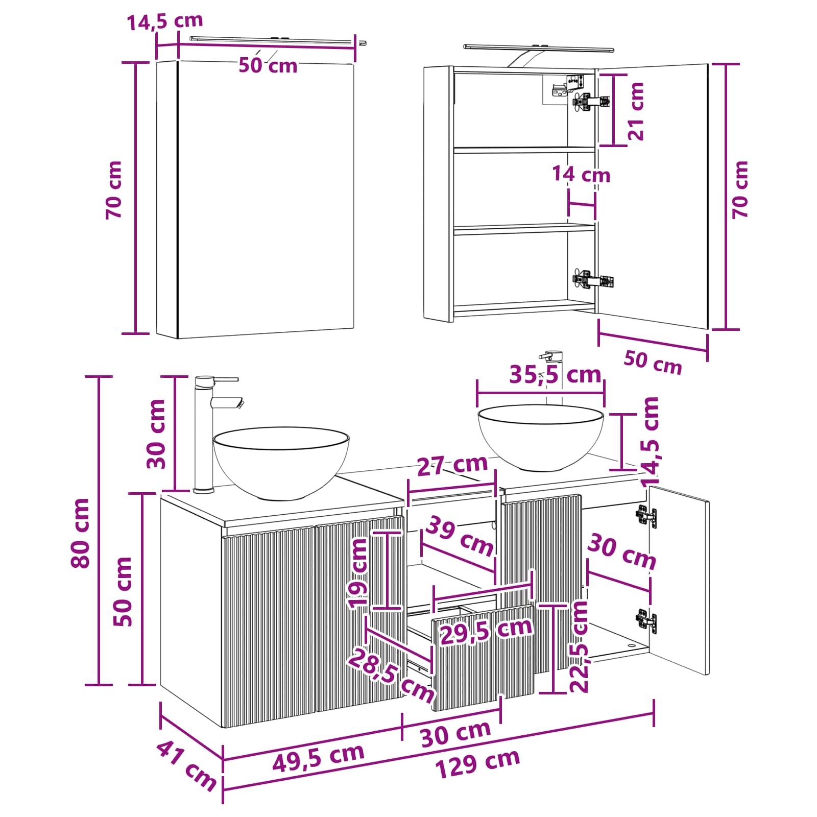 Σετ Ντουλαπιών Μπάνιου 5 pcs Παλαιωμένο ξύλο 50 x 14,5 x 70 εκ