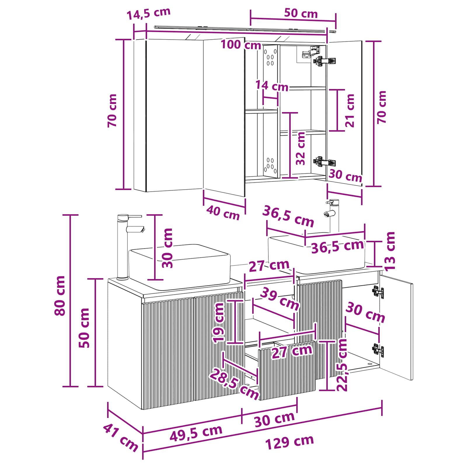 Σετ Ντουλαπιών Μπάνιου 4 pcs Γκρι Sonoma 100 x 14,5 x 70 εκ - Pakobazaar