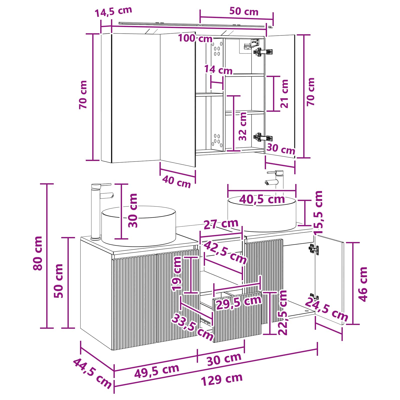 Σετ Ντουλαπιών Μπάνιου 4 pcs Γκρι Sonoma 100 x 14,5 x 70 εκ - Pakobazaar