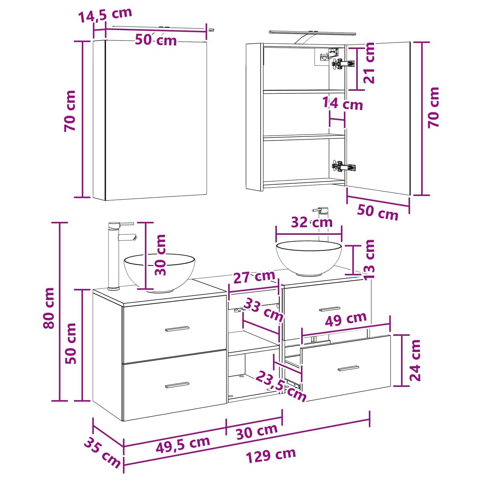 Σετ Ντουλαπιών Μπάνιου 5 pcs Παλαιωμένο ξύλο 50 x 14,5 x 70 εκ - Pakobazaar