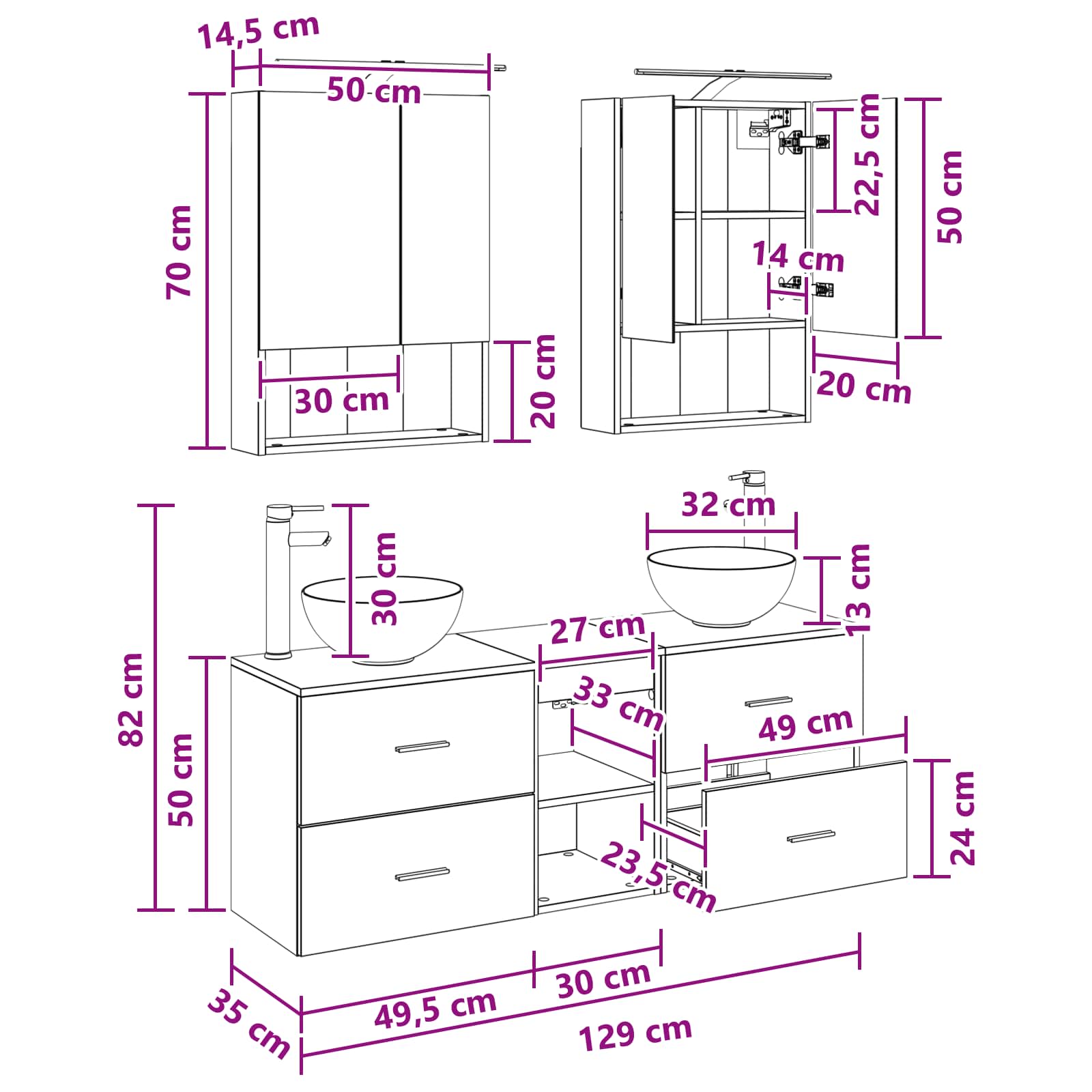 Σετ Ντουλαπιών Μπάνιου 5 pcs Λευκό 50 x 14,5 x 70 εκ