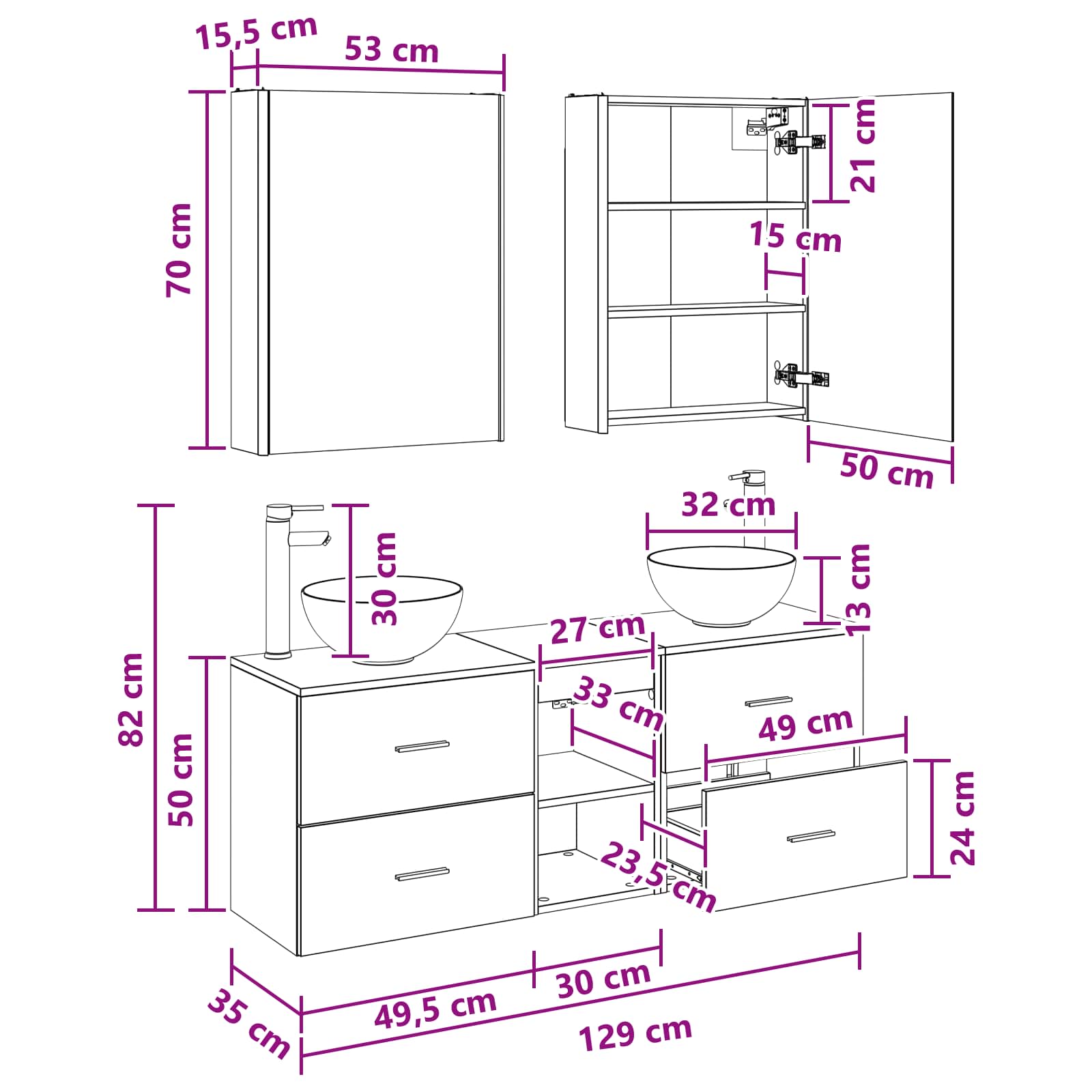 Σετ Ντουλαπιών Μπάνιου 5 pcs Παλαιωμένο ξύλο 53 x 15,5 x 70 εκ. - Pakobazaar