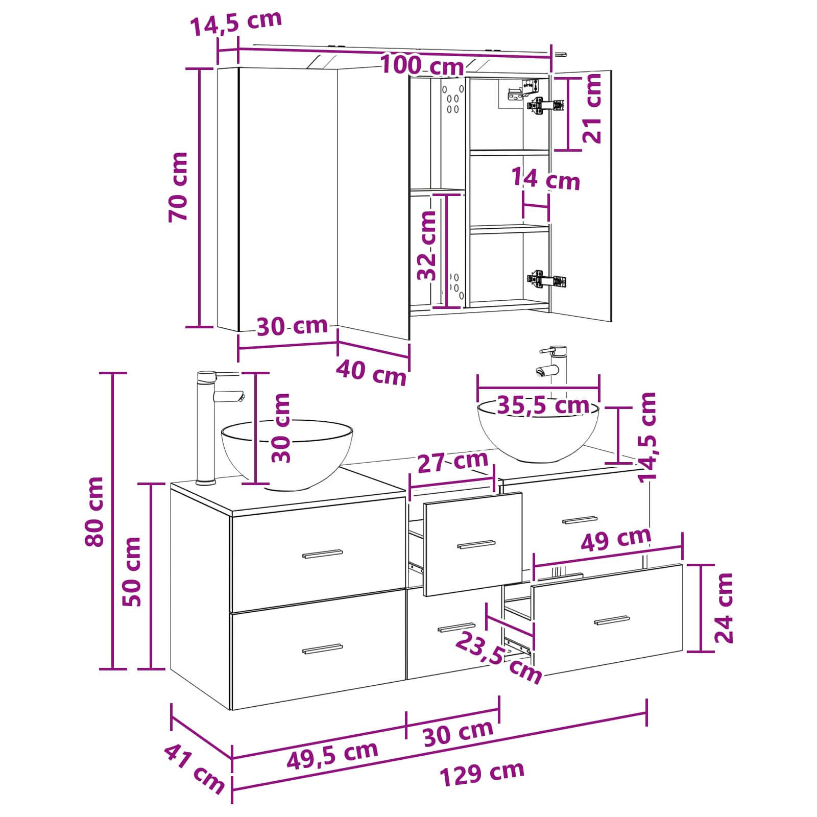 Σετ Επίπλων Μπάνιου 4 pcs Λευκό Επεξεργασμένο Ξύλο και Γυαλί