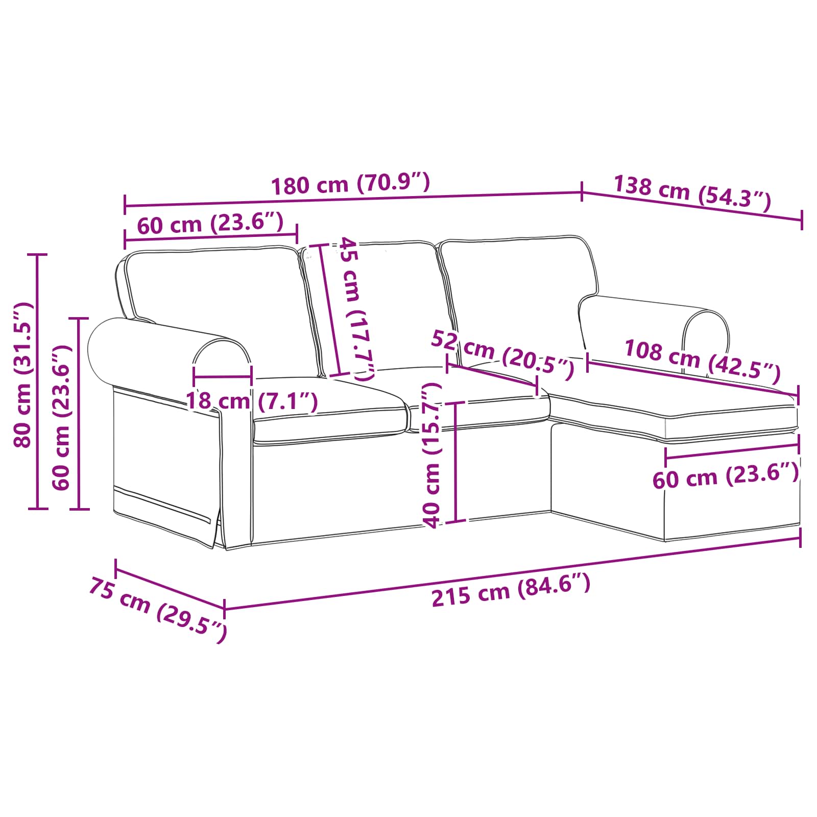 Καναπές Ανοιχτό γκρι 215 x 138 x 80 εκ ύφασμα - Pakobazaar