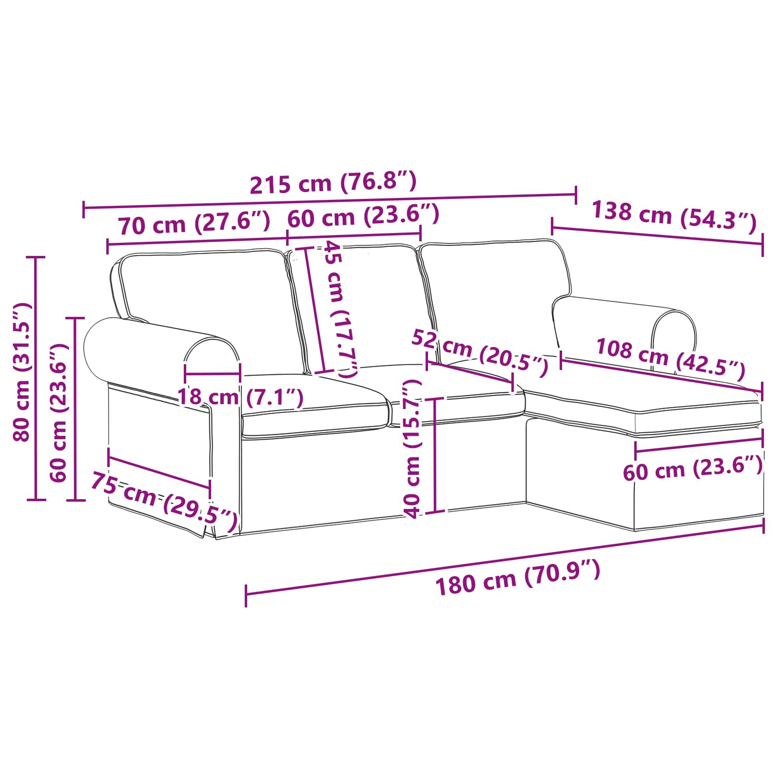Καναπές Taupe 215 x 138 x 80 εκ ύφασμα