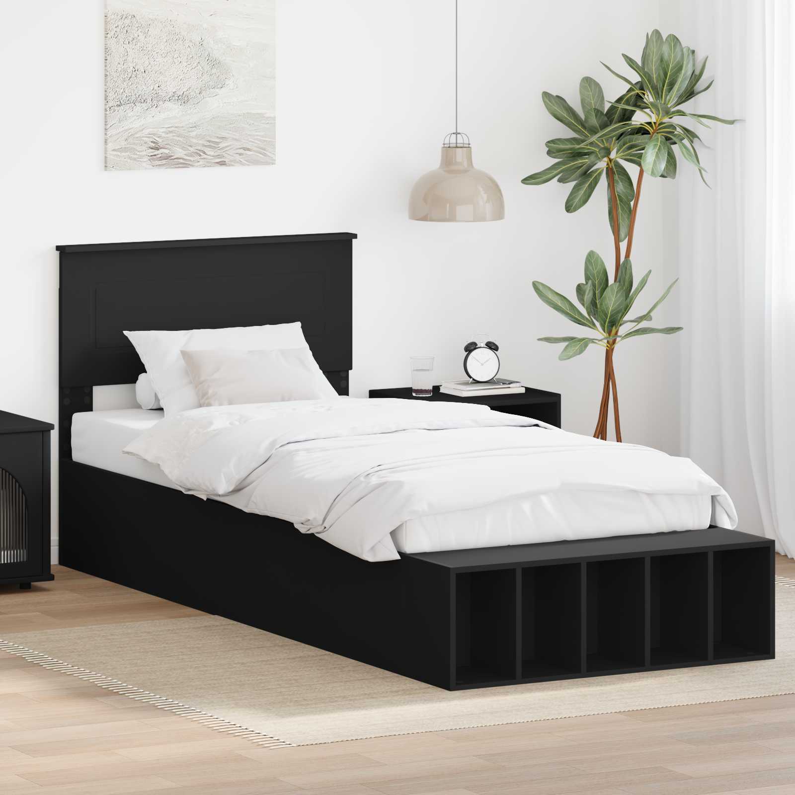 Σκελετός Κρεβατιού με ράφι Μαύρο 90 x 190 cm Επεξεργασμένο ξύλο - Pakobazaar