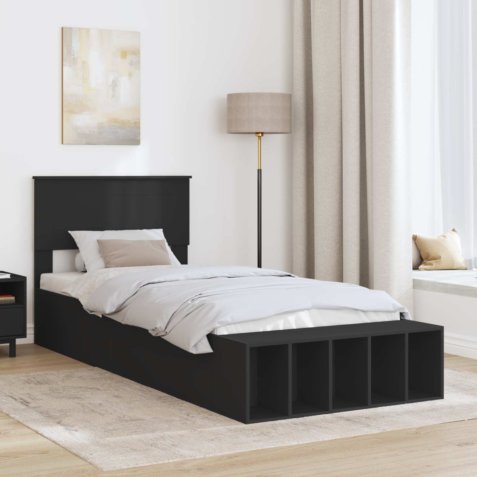 Σκελετός Κρεβατιού με ράφι Μαύρο 90 x 190 cm Επεξεργασμένο ξύλο - Pakobazaar