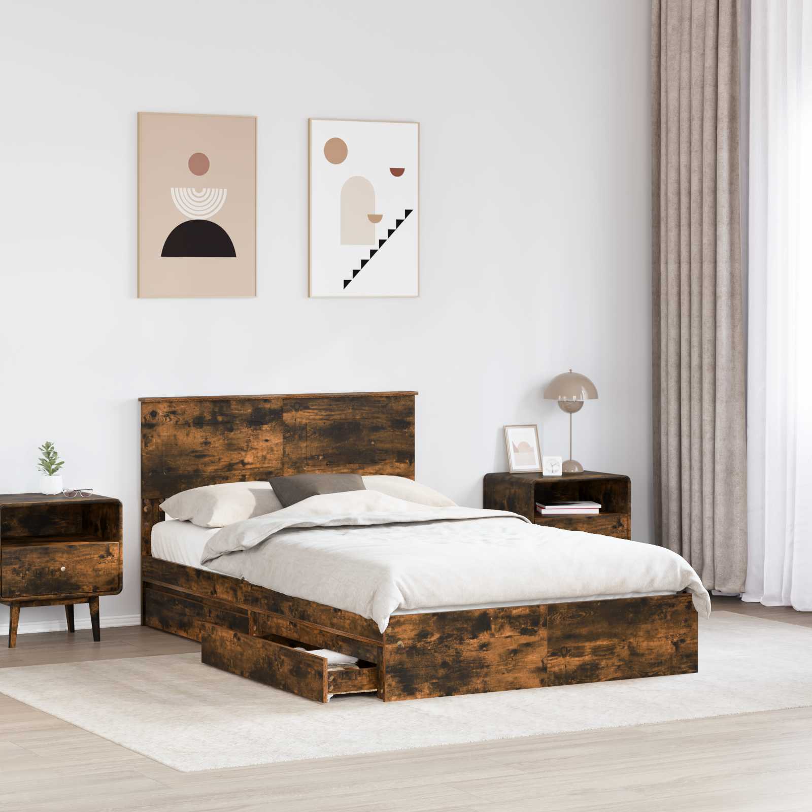 Κρεβάτι Αποθήκης Καπνιστό Δρύς 135 x 190 cm Επεξεργασμένο ξύλο