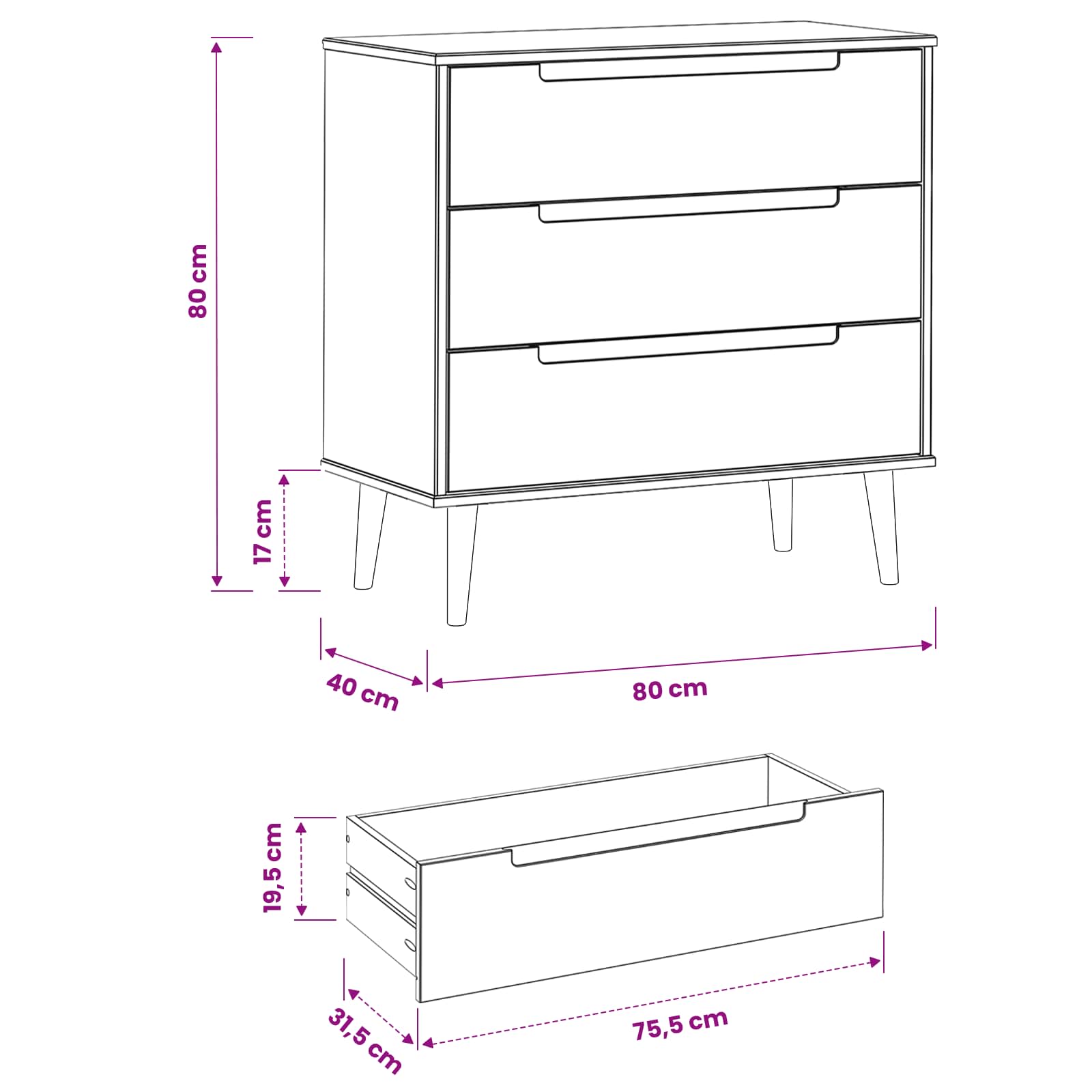 Κουτί με συρτάρια MOLDE Καραμέλα 80 x 40 x 80 cm