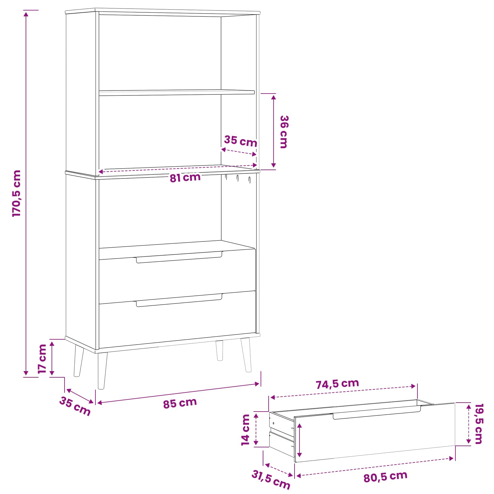 Βιβλιοθήκη MOLDE 85 x 35 x 170,5 εκ Μασίφ Ξύλο Πεύκου Καραμέλα