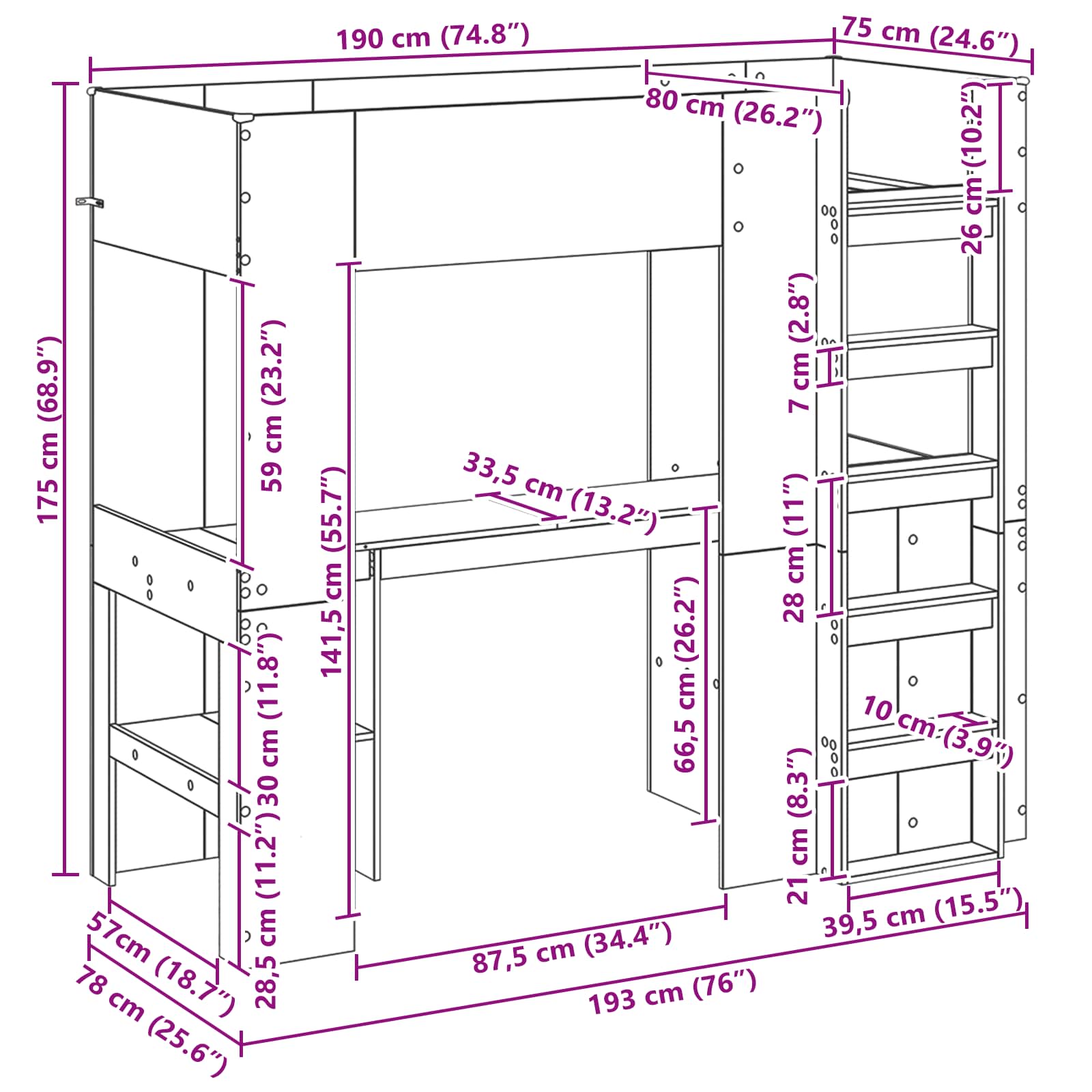 Σκελετός κουκέτας με γραφείο Artisan Oak 75 x 190 cm