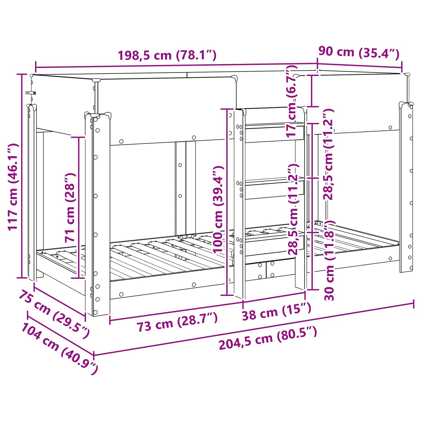 Κρεβάτι Κουκέτα για Παιδιά Μαύρη Οξυά 100 x 200 cm - Pakobazaar