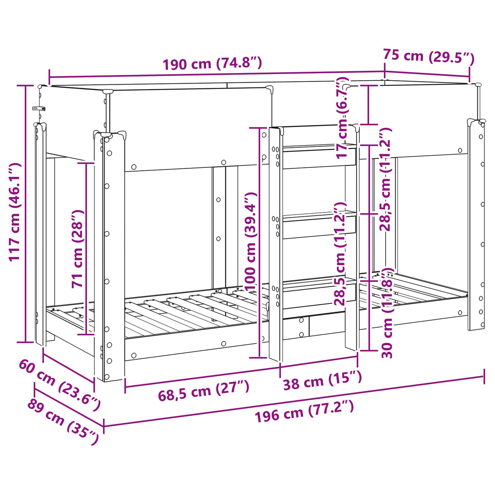 Κρεβάτι Κουκέτα για Παιδιά Λευκό 75 x 190 cm Επεξεργασμένο ξύλο - Pakobazaar