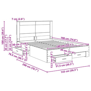 Σκελετός Κρεβατιού Δρύς Sonoma 140 x 190 cm Επεξεργασμένο Ξύλο - Pakobazaar