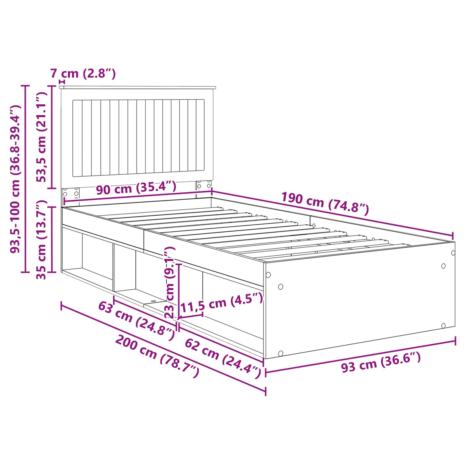 Σκελετός Κρεβατιού Καφέ δρυς 90 x 190 cm Στερεά ξυλεία πεύκου