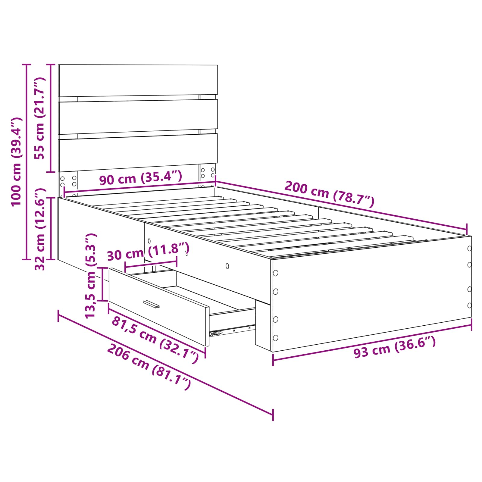 Σκελετός Κρεβατιού Artisan Oak 90 x 200 cm Επεξεργασμένο ξύλο