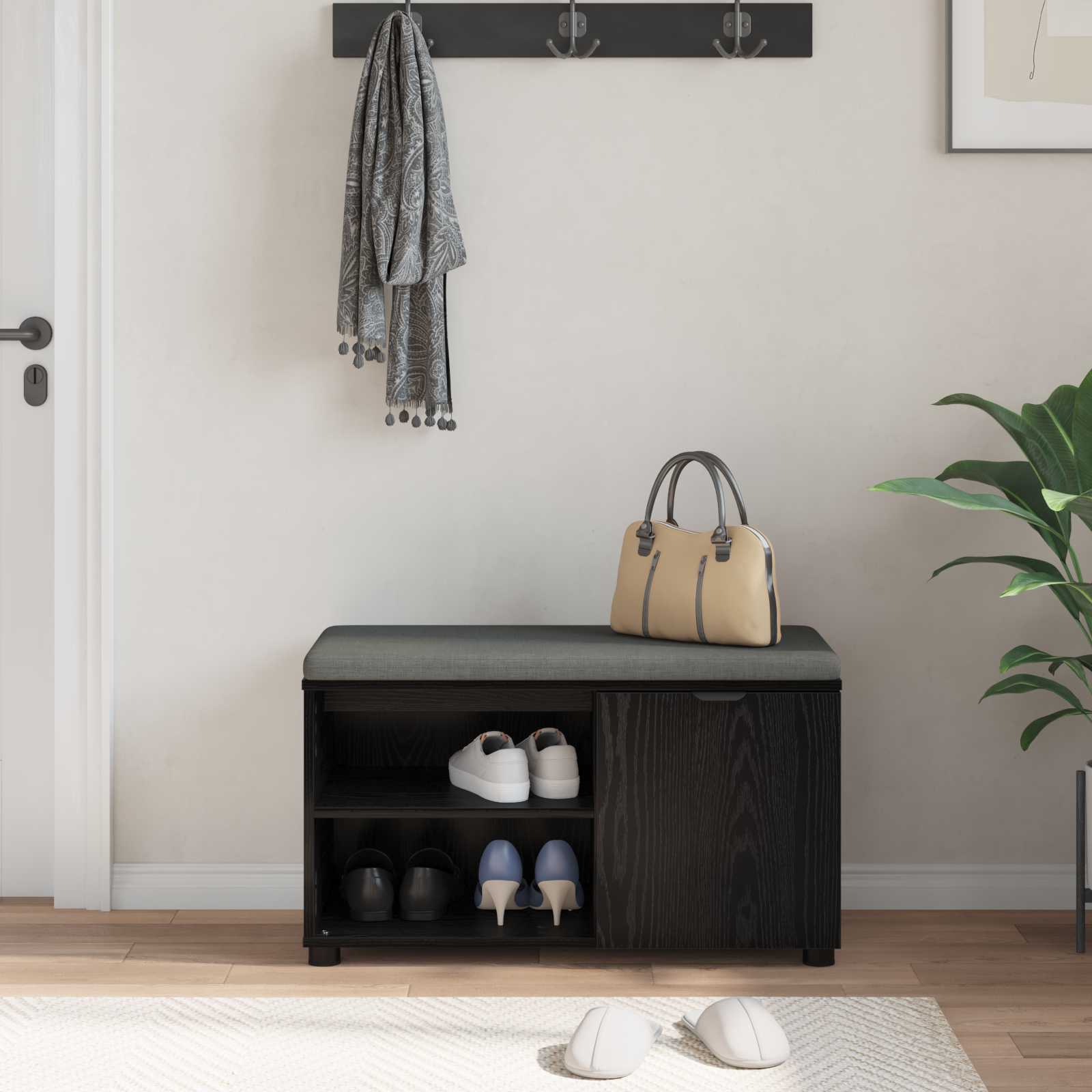 Παγκάκι Χαλωρίου με μαξιλάρι με ράφι Μαύρη Δρυς 80 x 38 x 46 εκ - Pakobazaar