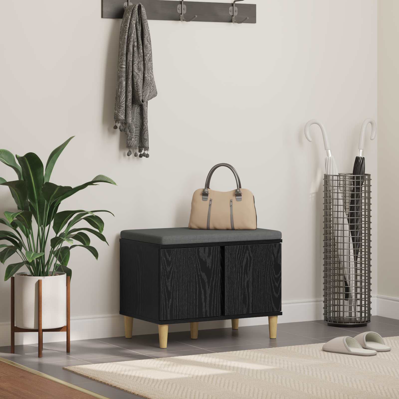 Παγκάκι Χαλωρίου με μαξιλάρι με ράφι Μαύρη Δρυς 60 x 38 x 46 εκ - Pakobazaar