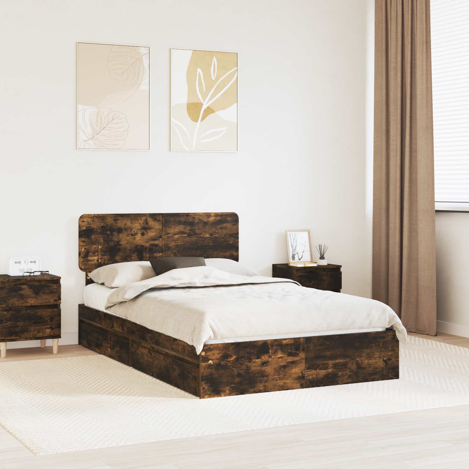 Κρεβάτι Αποθήκης Καπνιστό Δρύς 135 x 190 cm Επεξεργασμένο ξύλο