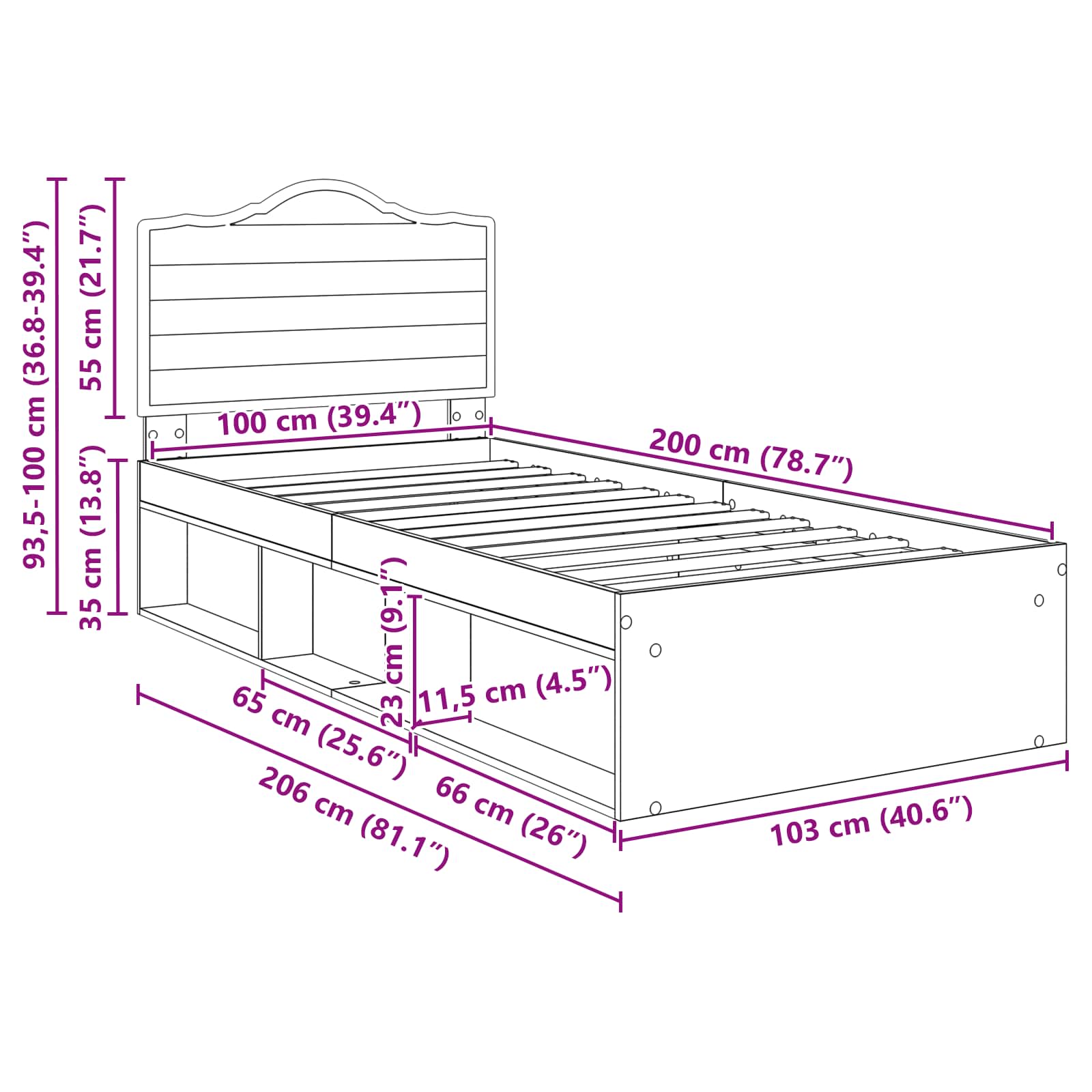 Σκελετός Κρεβατιού με κεφαλάρι Γκρι Μπετόν 100 x 200 cm