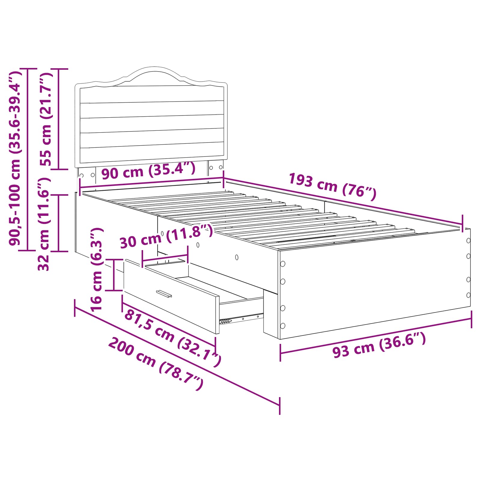 Σκελετός Κρεβατιού Καφέ δρυς 90 x 190 cm Επεξεργασμένο Ξύλο - Pakobazaar