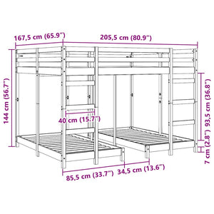 Σκελετός Κουκέτας Τριών Επιπέδων Καφέ 160 x 200 cm