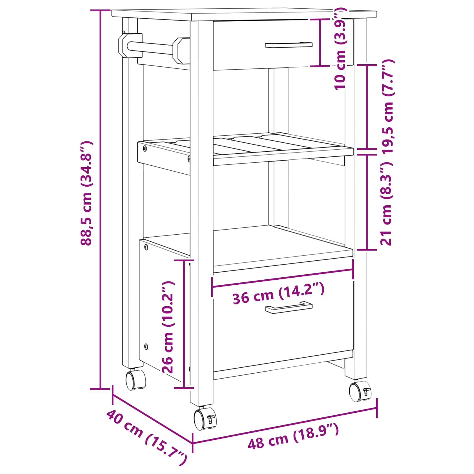 Καρότσι Κουζίνας MONZA Μαύρο 48 x 40 x 88,5 εκ. - Pakobazaar