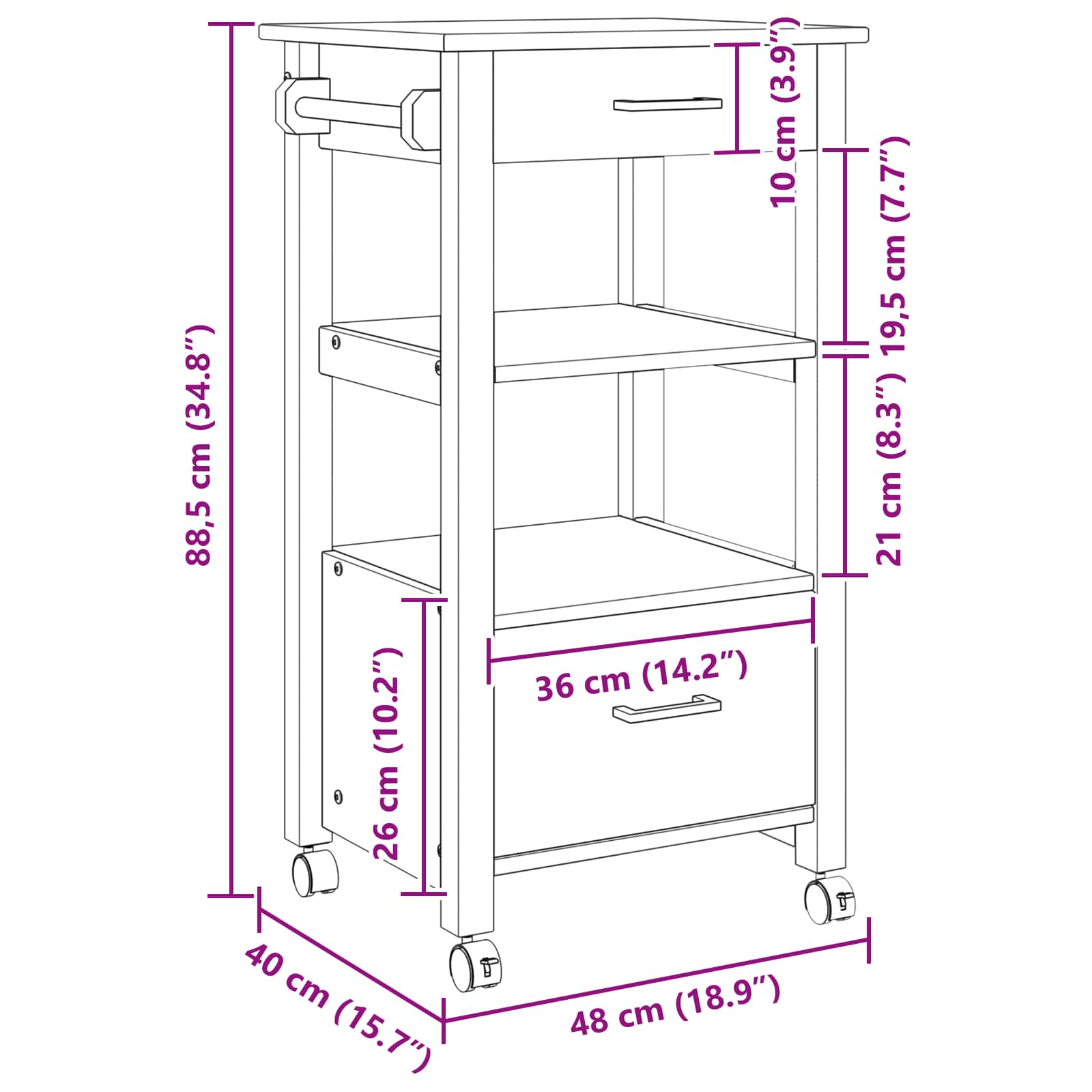 Καρότσι Κουζίνας MONZA Μαύρο 48 x 40 x 88,5 εκ. - Pakobazaar