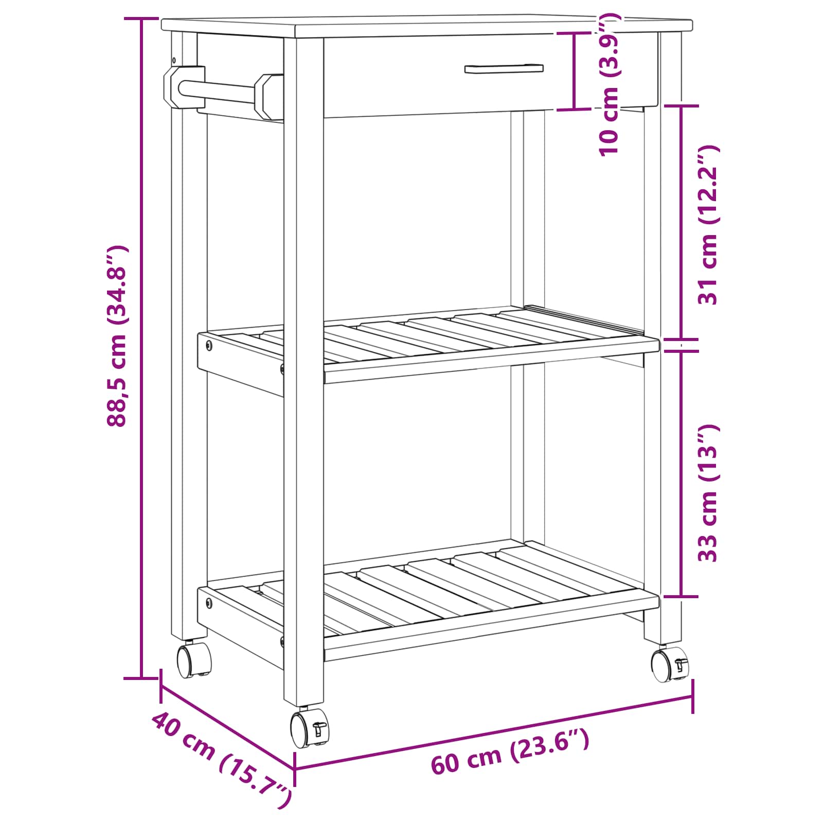 Καρότσι Κουζίνας MONZA Μαύρο 60 x 40 x 88,5 εκ - Pakobazaar