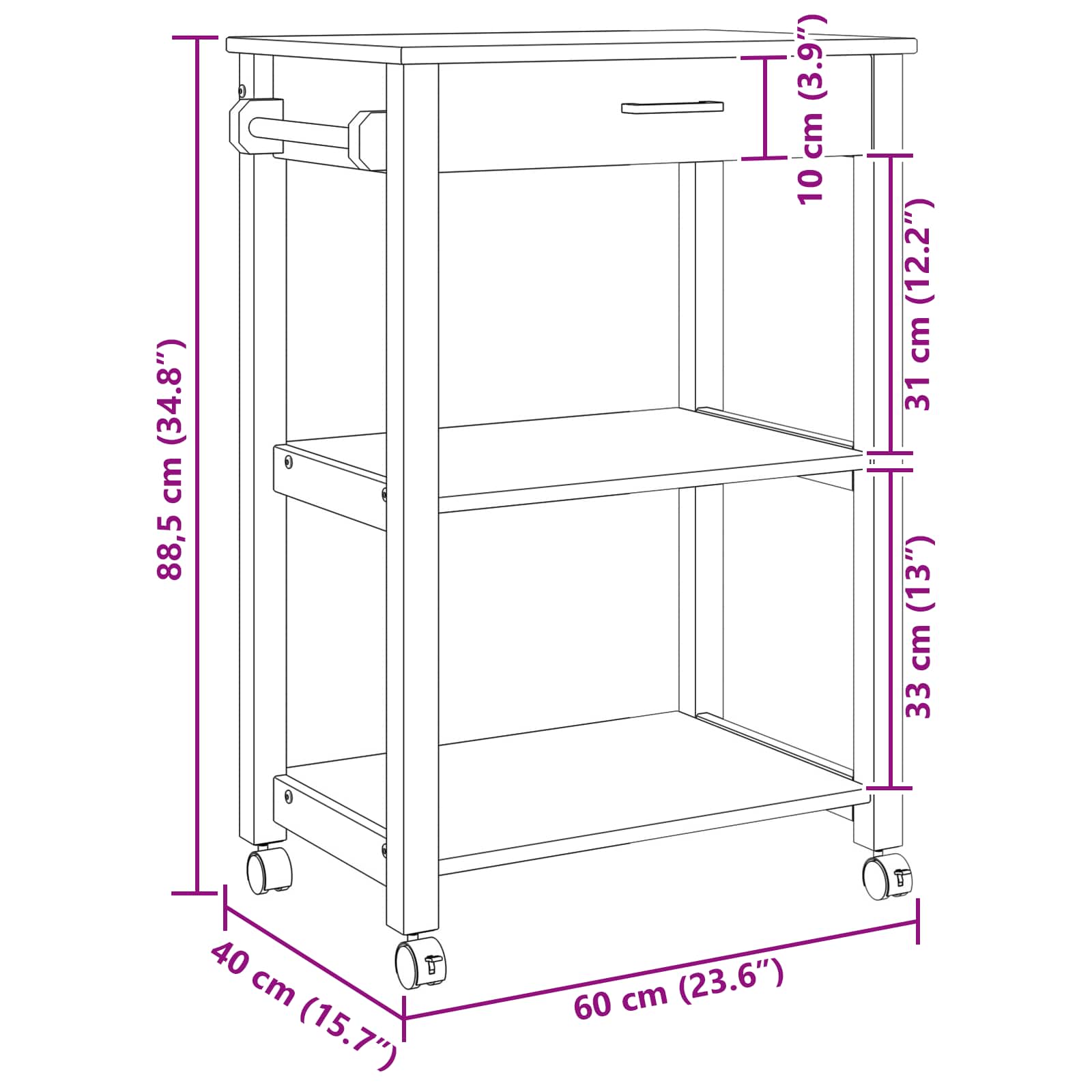 Καρότσι Κουζίνας MONZA Μαύρο 60 x 40 x 88,5 εκ - Pakobazaar