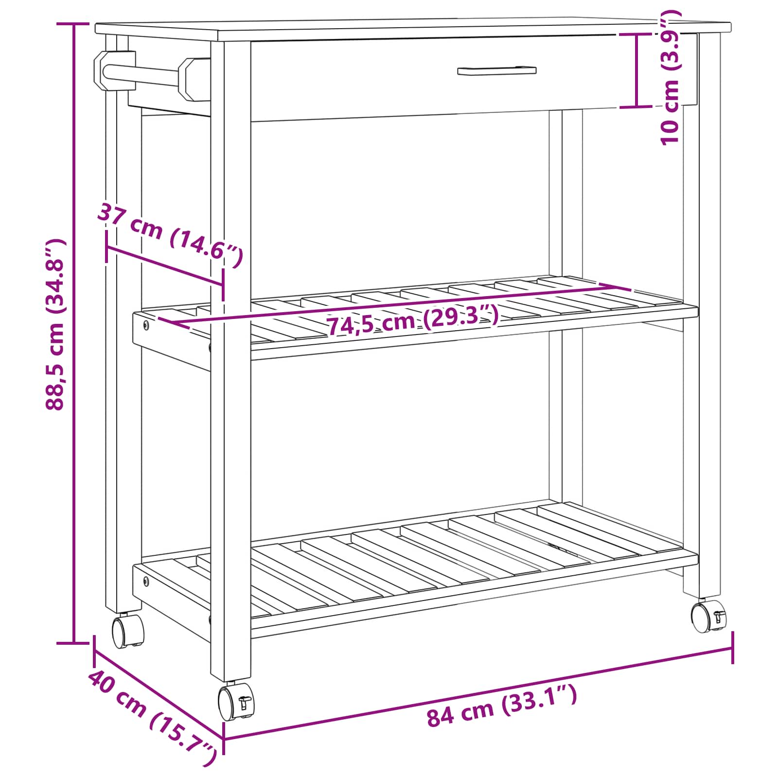 Καρότσι Κουζίνας MONZA Μαύρο 84 x 40 x 88,5 εκ. - Pakobazaar