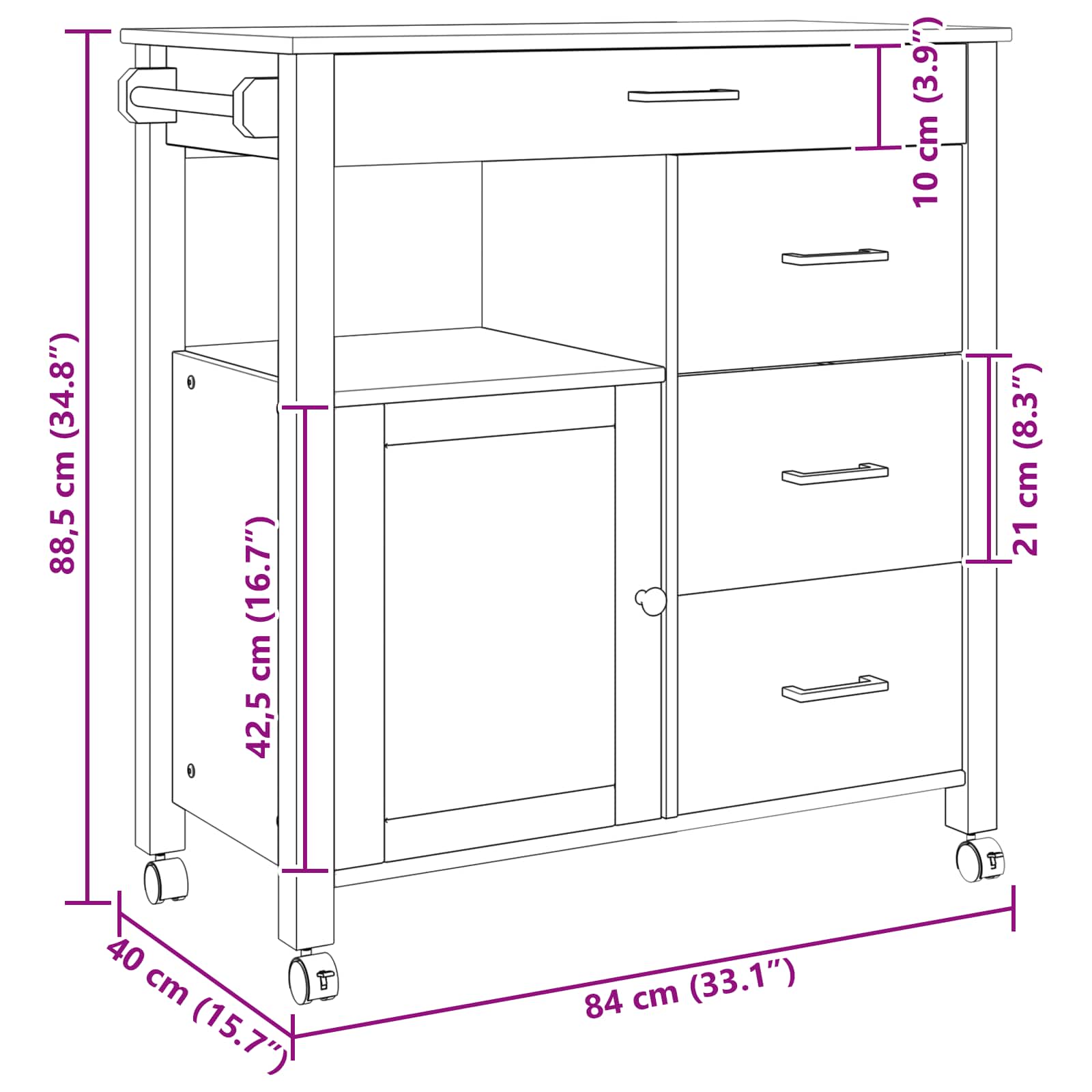 Καρότσι Κουζίνας MONZA Μαύρο 84 x 40 x 88,5 εκ. - Pakobazaar