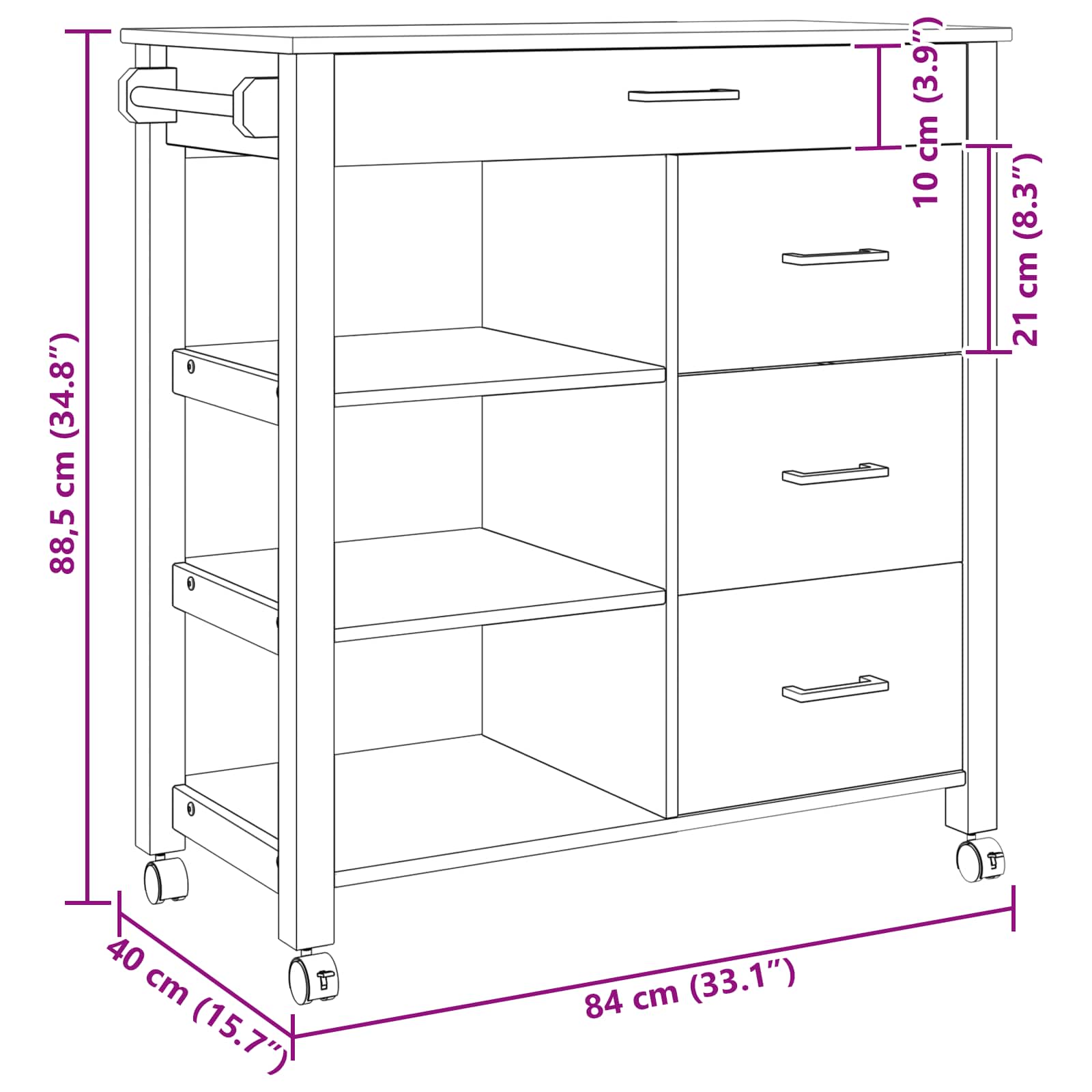 Καρότσι Κουζίνας MONZA Μαύρο 84 x 40 x 88,5 εκ. - Pakobazaar