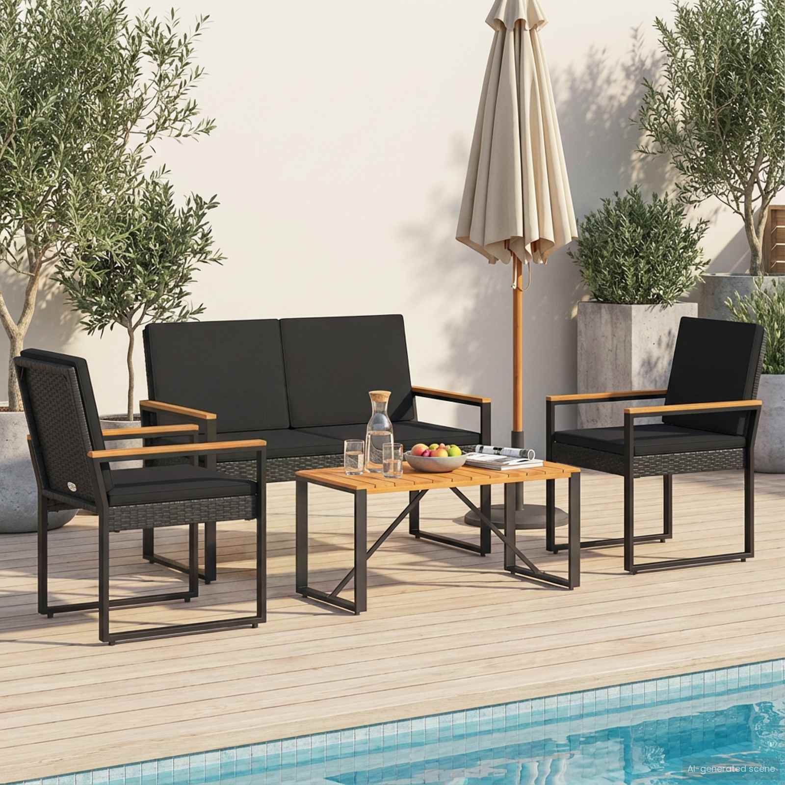 Σετ Εξωτερικών Επίπλων με μαξιλάρι 4 pcs Μαύρο συνθετικό ρατάν - Pakobazaar