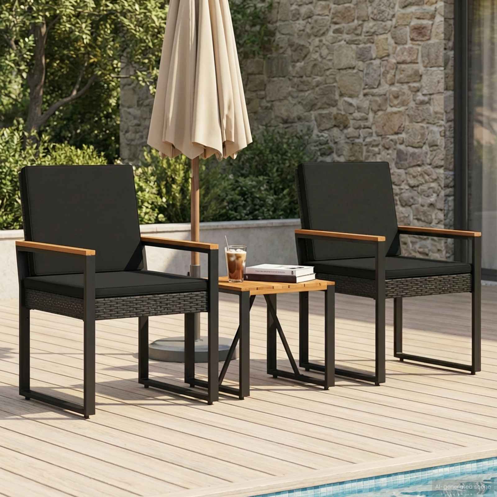 Σετ Εξωτερικών Επίπλων με μαξιλάρι 3 pcs Μαύρο συνθετικό ρατάν - Pakobazaar