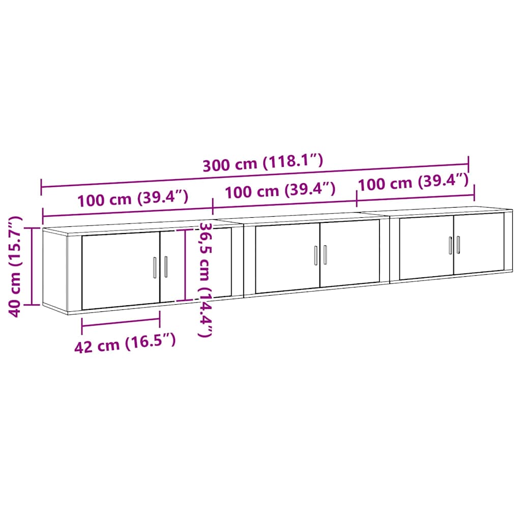 Σετ Βαθμιδωτών Ντουλαπιών Τηλεόρασης Επιτοίχιο 3 pcs Μαύρη Οξυά - Pakobazaar