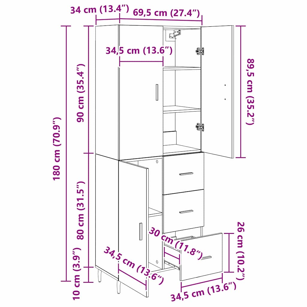 Highboard 2 pcs Artisan Oak 69,5 x 34 x 180 εκ.