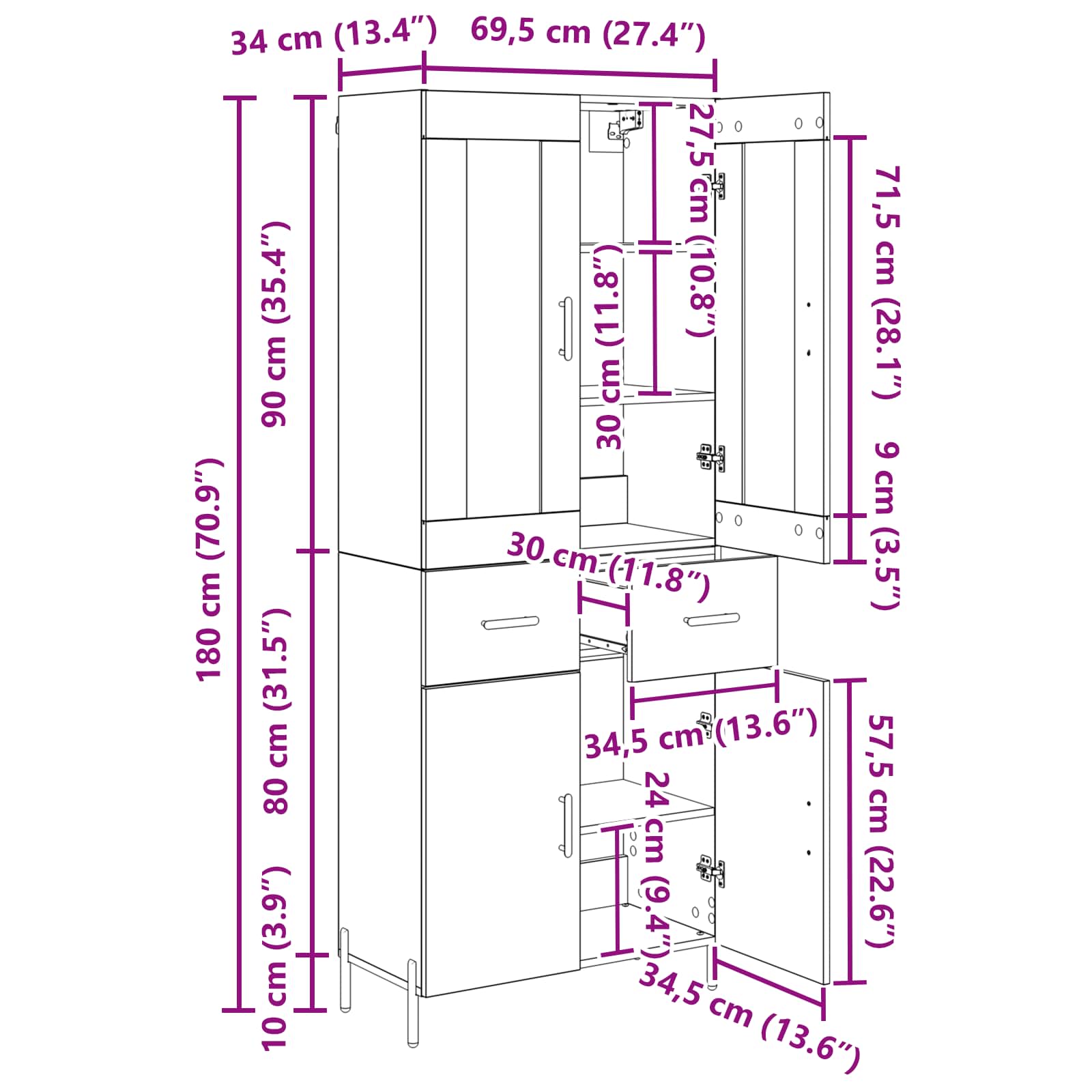 Highboard Μαύρη Οξυά 69,5 x 34 x 180 εκ. Επεξεργασμένο ξύλο - Pakobazaar