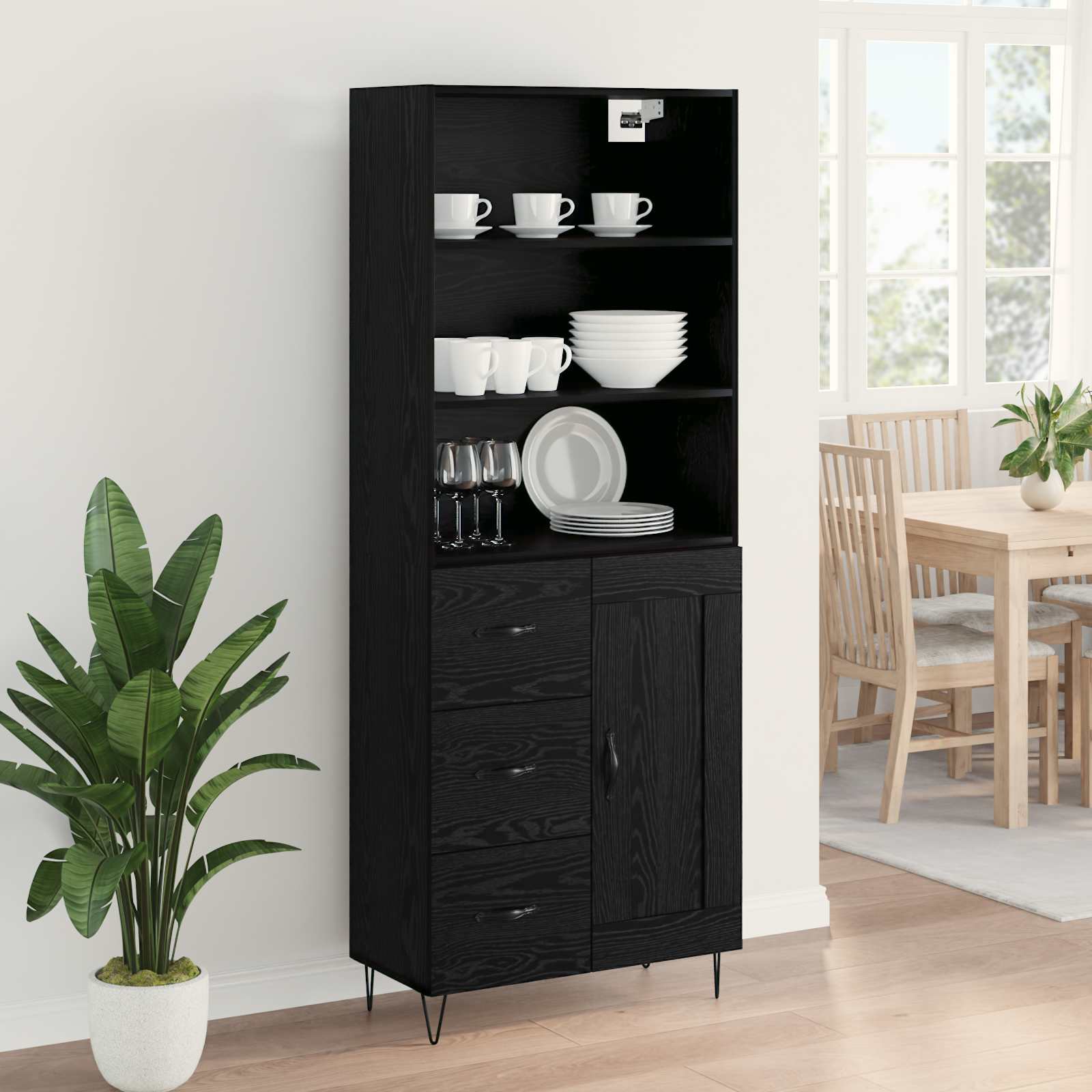 Highboard με συρτάρι 2 pcs Μαύρη Οξυά Επεξεργασμένο ξύλο
