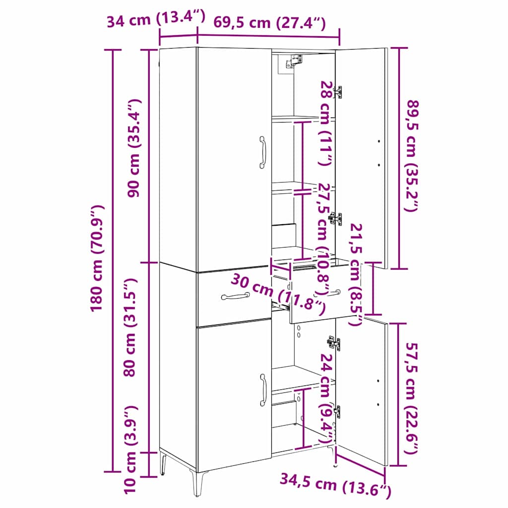 Highboard Μαύρη Οξυά 69,5 x 34 x 180 εκ. Επεξεργασμένο ξύλο - Pakobazaar