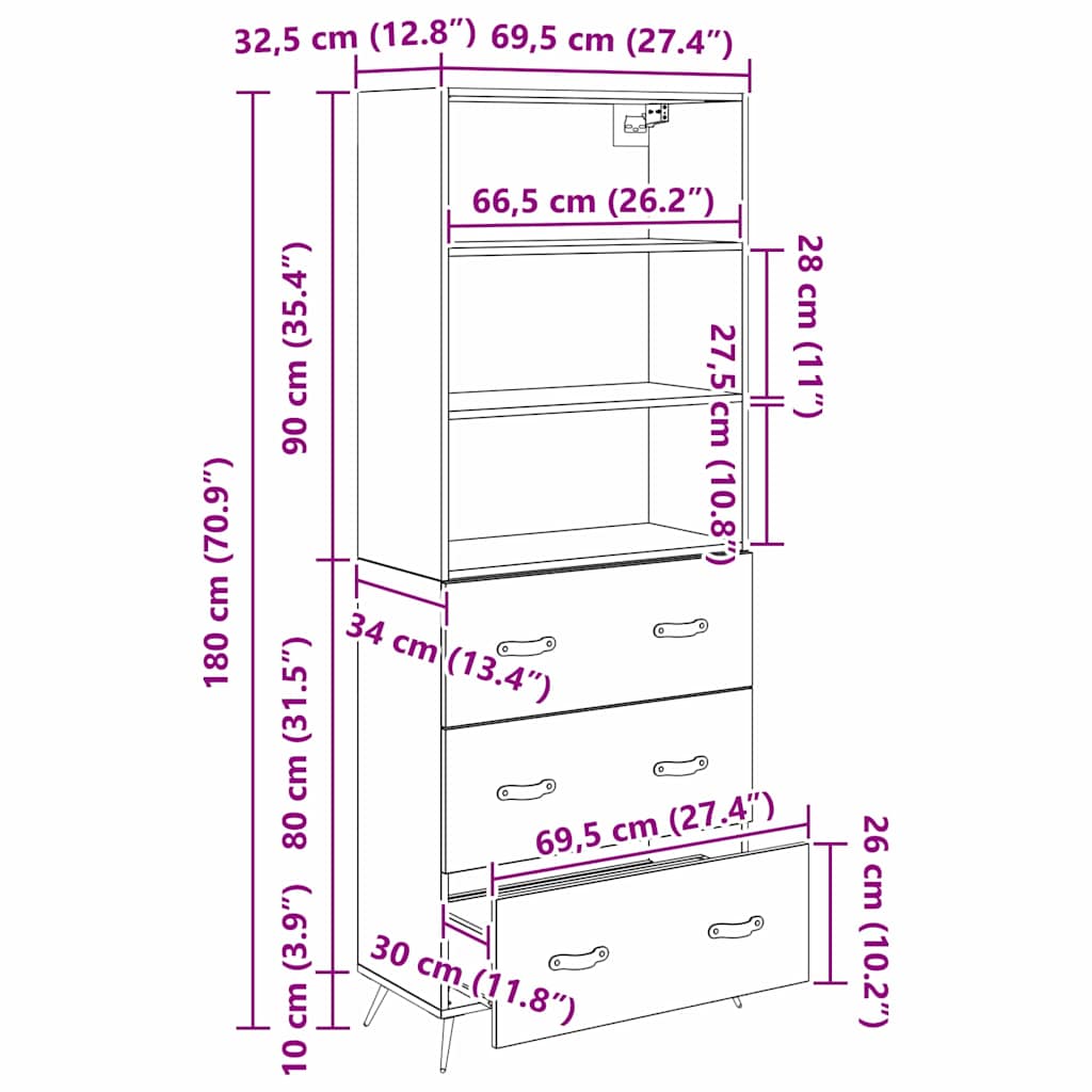 Highboard Μαύρη δρυς 69,5 x 34 x 180 εκ. Επεξεργασμένο ξύλο - Pakobazaar