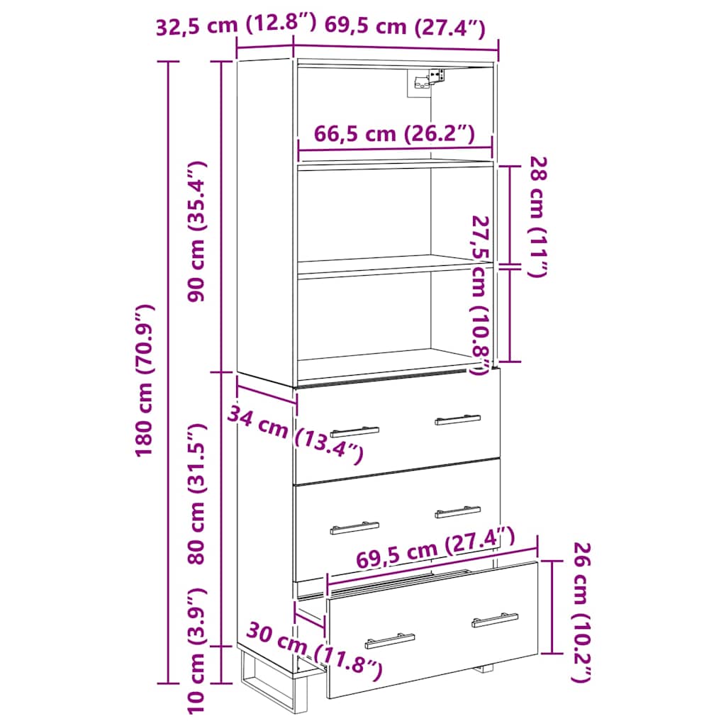 Highboard με συρτάρι 2 pcs Μαύρη Οξυά Επεξεργασμένο ξύλο