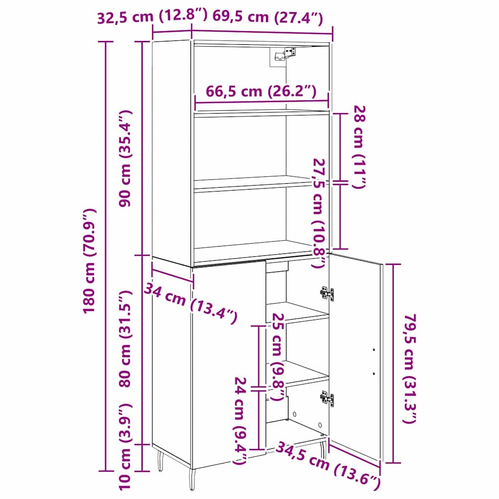 Highboard Μαύρη Οξυά 69,5 x 34 x 180 εκ. Σύνθετο Ξύλο και Γυαλί - Pakobazaar
