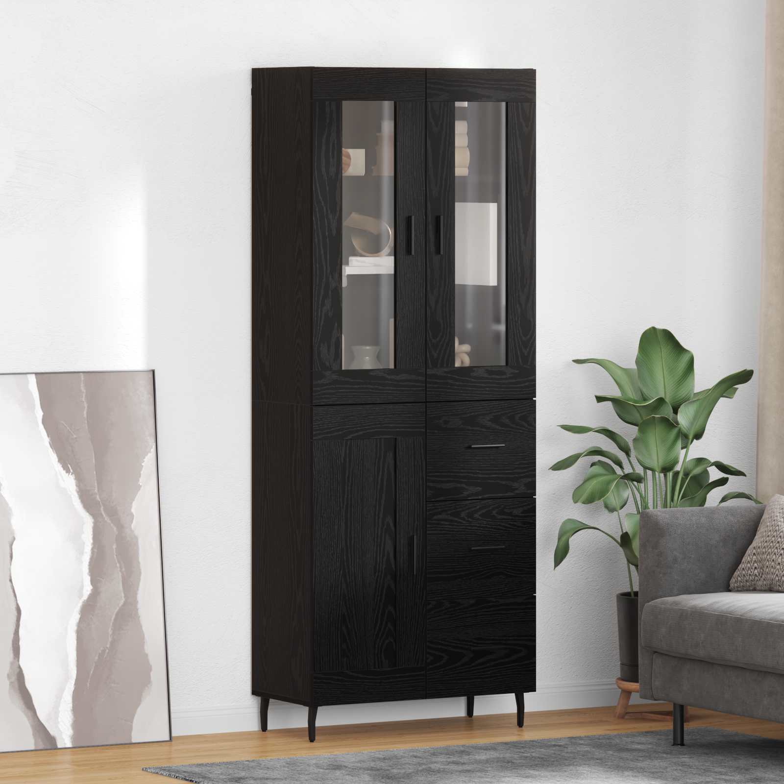 Highboard με συρτάρι 2 pcs Μαύρη Οξυά Επεξεργασμένο ξύλο