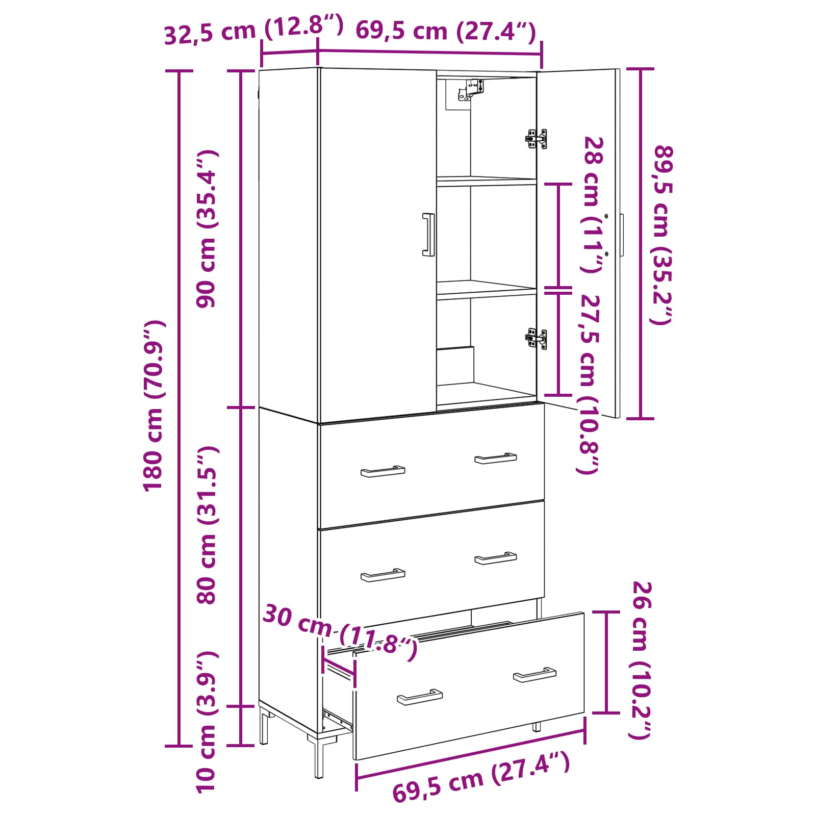 Highboard Μαύρη Οξυά 69,5 x 34 x 180 εκ. Επεξεργασμένο ξύλο