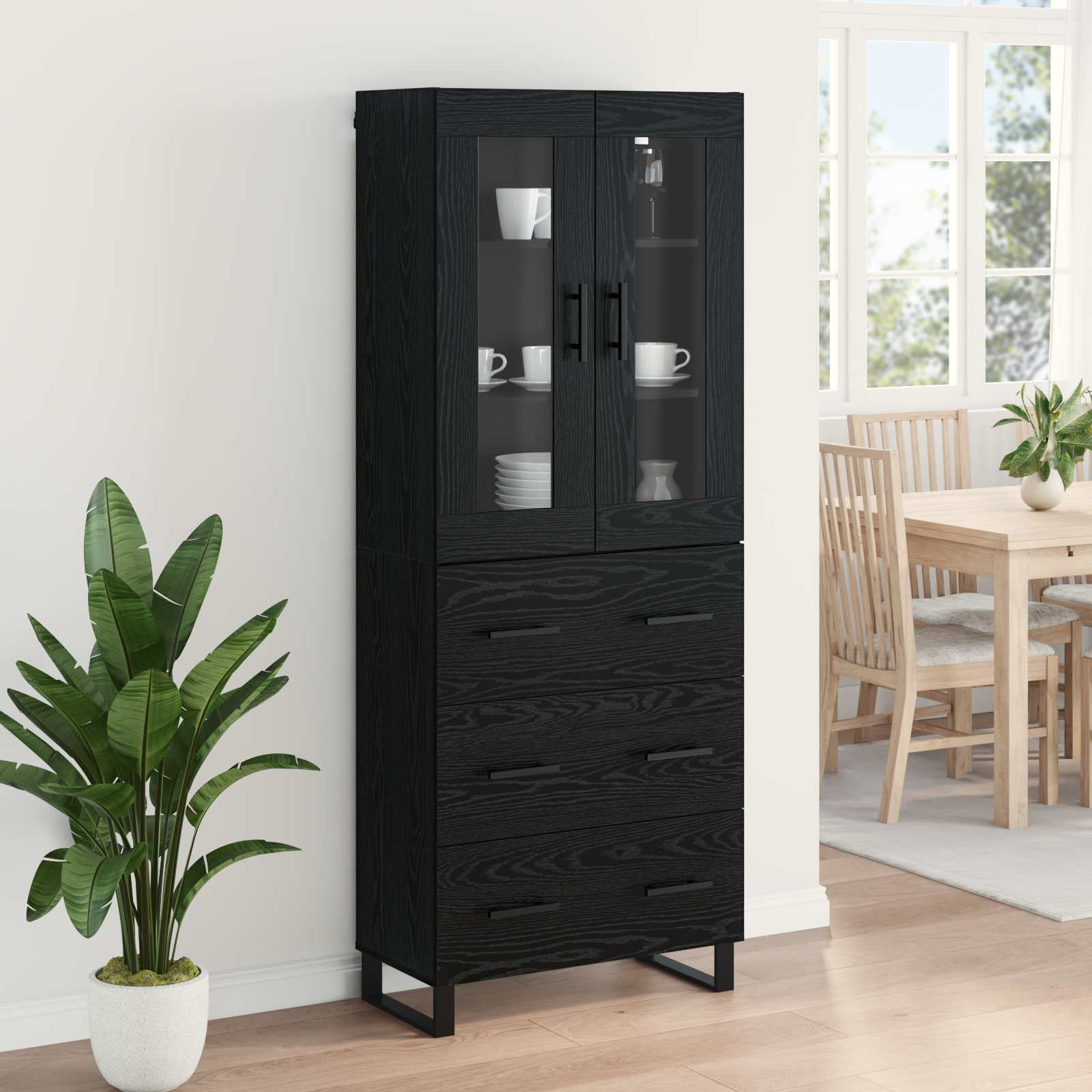Highboard με συρτάρι 2 pcs Μαύρη Οξυά Σύνθετο Ξύλο και Γυαλί